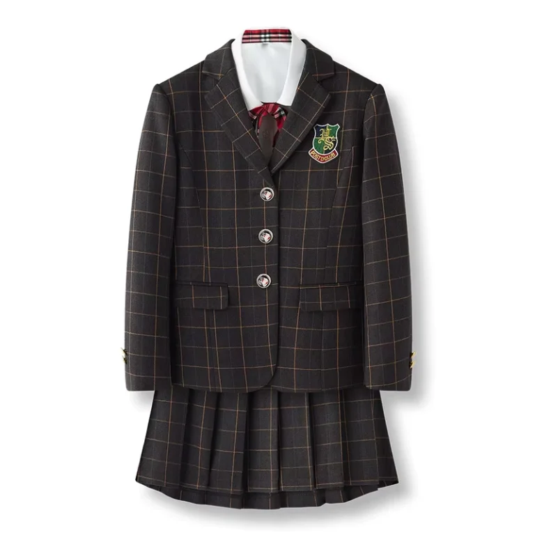 CHINEE-Factory-Custom-Childrens-Unisex-Dark-Grey-Checked-Suit-Blazer-Skirt-Pants-Sets-with-Elastic-Waistband-School-Uniform