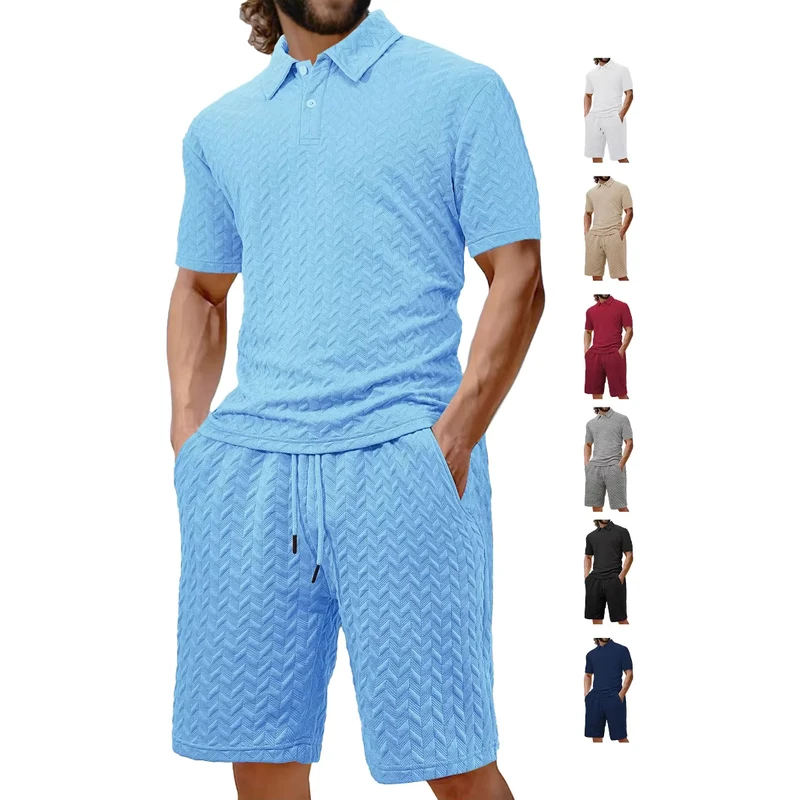 CHINEE-Factory-Mens-Summer-New-Casual-Loose-2pcs-Set-Jacquard-Fabric-Mens-Short-Sleeved-Polo-Shirt-Set