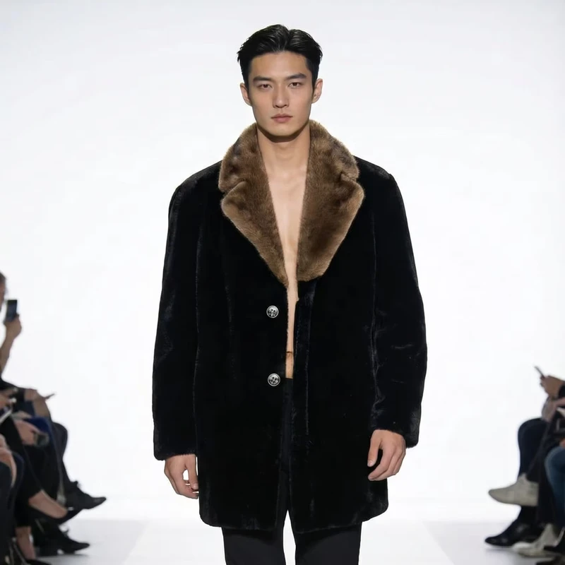 CHINEE-Fashion-Luxury-Mens-Faux-Golden-Mink-Regular-Coat-Black-Body-Brown-Fur-Collar-Winter-Warm-Woven-Print-Jacket