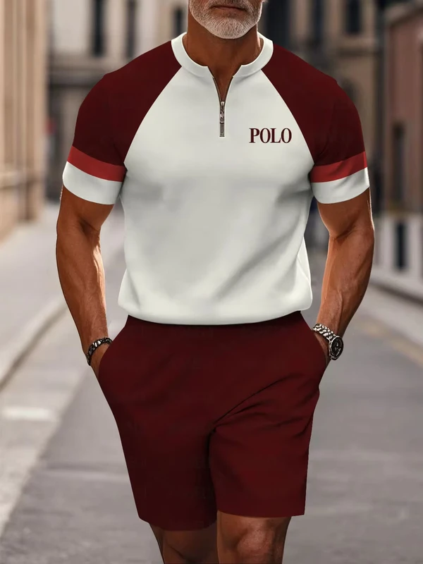 CHINEE-Fashion-Trend-Casual-Polo-Set-Short-Sleeve-Zipper-Polo-Shirt-Mens-Shorts-Set