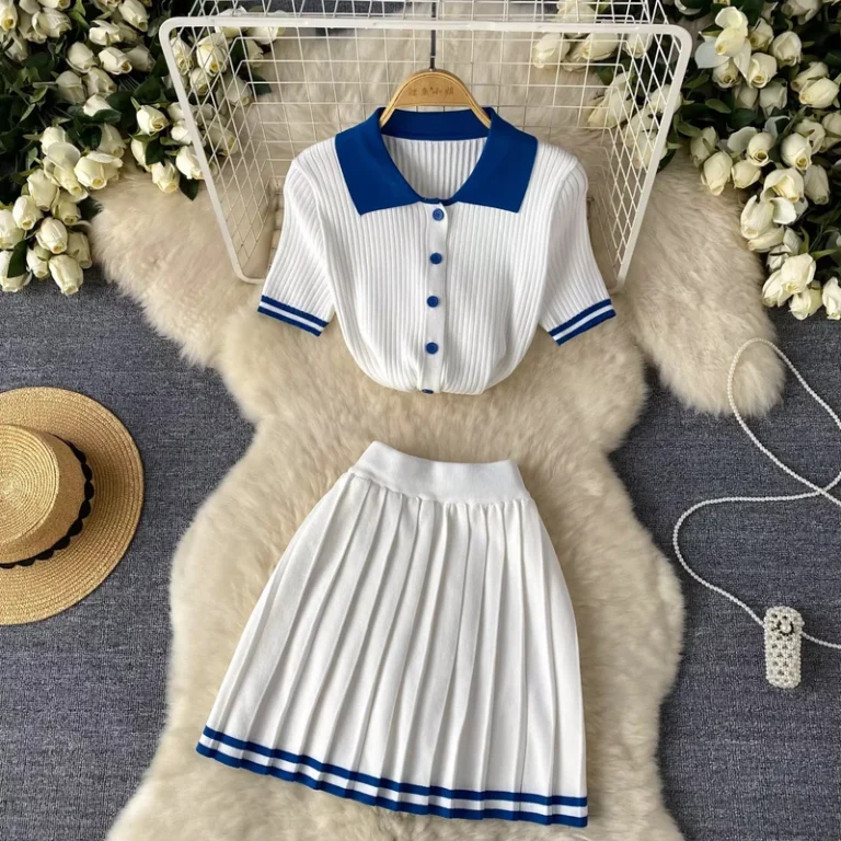 CHINEE-Fashion-Women-Casual-Summer-Street-Wear-Short-Sleeve-Knitted-Polo-Shirt-and-Long-Mini-Pleated-Skirt-2-Piece-Set