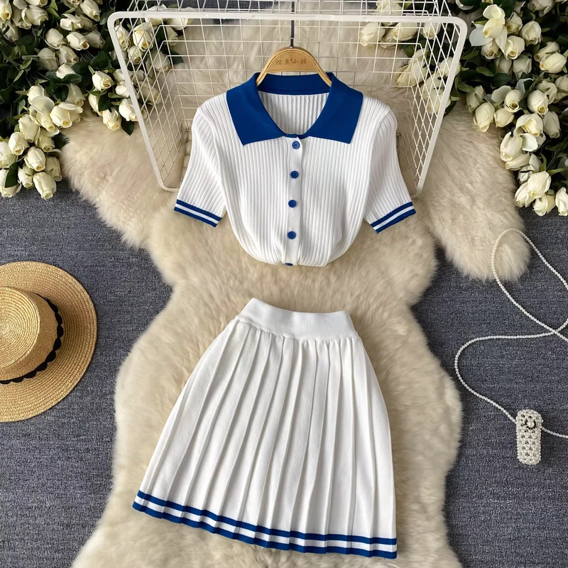 CHINEE-Fashion-Women-Casual-Summer-Street-Wear-Short-Sleeve-Knitted-Polo-Shirt-and-Long-Mini-Pleated-Skirt-2-Piece-Set