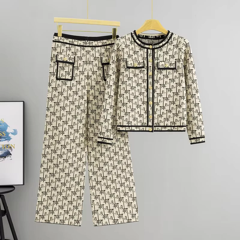 CHINEE-Foreign-Trade-Fashion-Set-Womens-Spring-Autumn-Youth-Looking-Loose-Letter-Jacquard-Sweater-Cardigan-Knitted-Two-Piece-Suit
