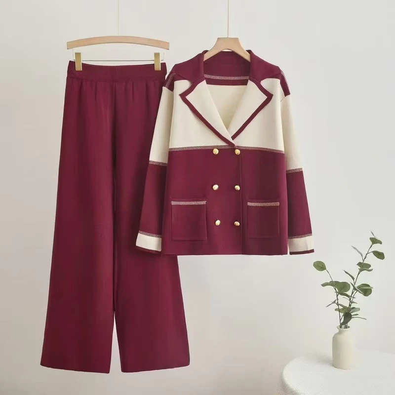 CHINEE-Formal-Suit-Collar-Suit-for-Women-New-Spring-autumn-Style-Double-breasted-Knitted-Top-and-Wide-leg-Pants-Set-1