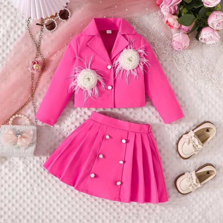 CHINEE-Girls-Solid-Color-Casual-Style-Korean-Suit-Set-Spring-Autumn-Three-Dimensional-Flower-Coat-Pleated-Skirt-1
