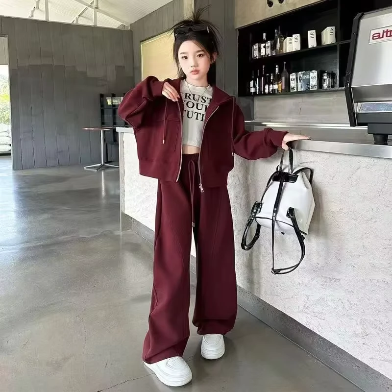 CHINEE-Girls-Sports-Casual-Style-Suit-Spring-Autumn-New-Western-Style-Mid-Big-Childrens-Polyester-Jacket-Wide-leg-Pants-Two-Piece-Set