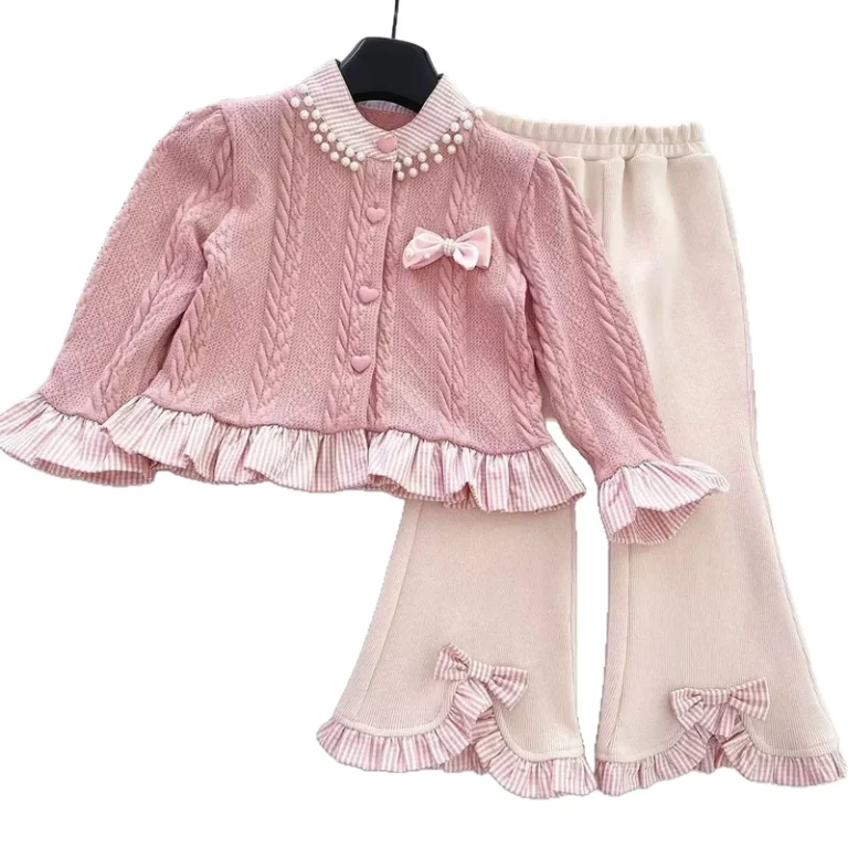 CHINEE-Girls-Spring-Autumn-High-Quality-Knitted-Academy-Style-Stripes-Bow-Tie-Flared-Pants-Casual-Two-Piece-Clothing-Set-Acrylic-1