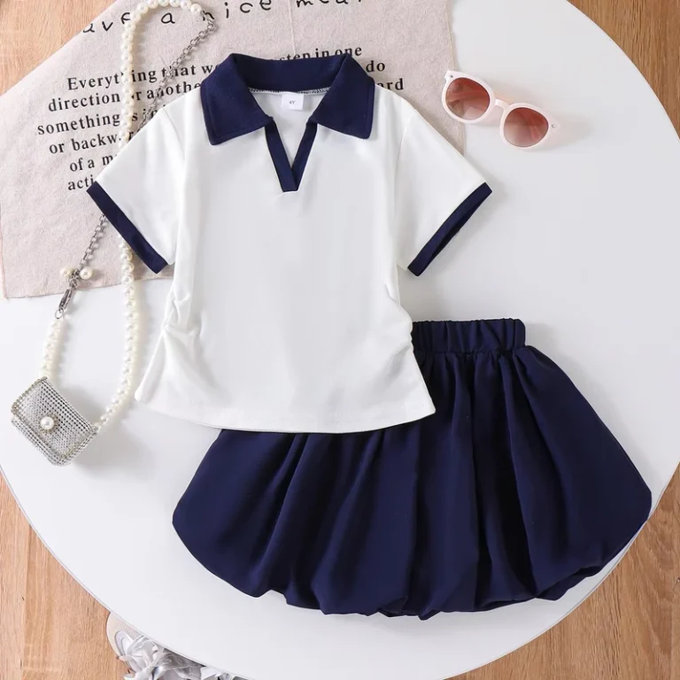 CHINEE-Girls-Summer-Clothing-White-Polo-Shirt-Navy-Bloomer-Skirt-2-Pcs-Short-Boutique-Set-Girl-Clothing-Set