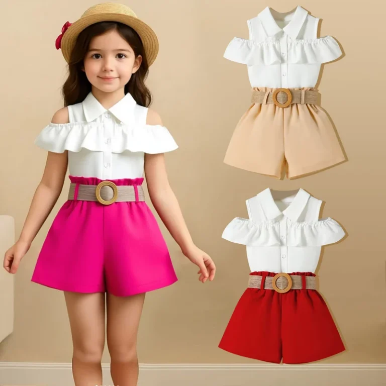 CHINEE-Girls-Summer-Outfit-Off-the-shoulder-Ruffle-Top-Shorts-Belt-Three-piece-Set-for-Toddlers-and-Young-Girls-90-130cm-1