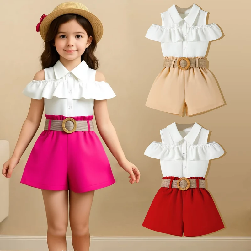 CHINEE-Girls-Summer-Outfit-Off-the-shoulder-Ruffle-Top-Shorts-Belt-Three-piece-Set-for-Toddlers-and-Young-Girls-90-130cm-1