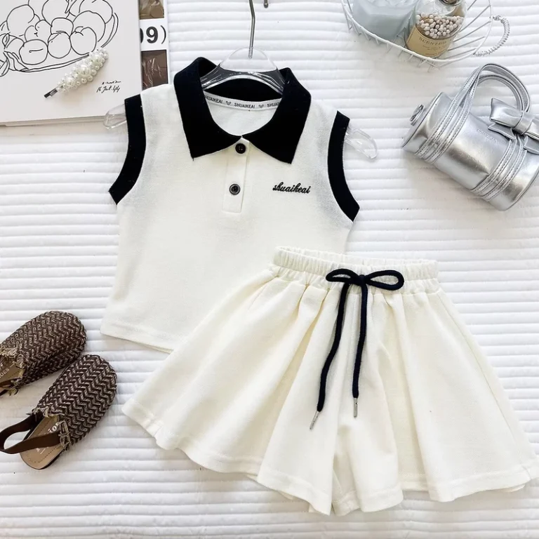CHINEE-Girls-Summer-Outfit-Set-Beige-Polo-Shirt-Loose-Shorts-2-Pcs-Sport-Short-Set