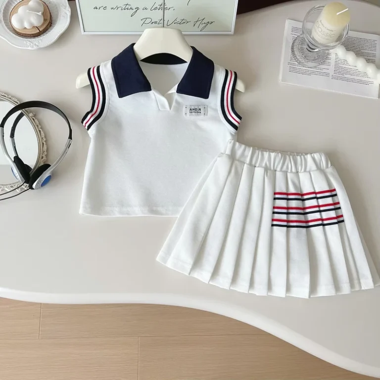 CHINEE-Girls-Summer-Two-Piece-Skirt-and-Top-Sport-Set-Kids-Polo-Shirt-and-Pleated-Skirt-2Pcs-Set-Outfits