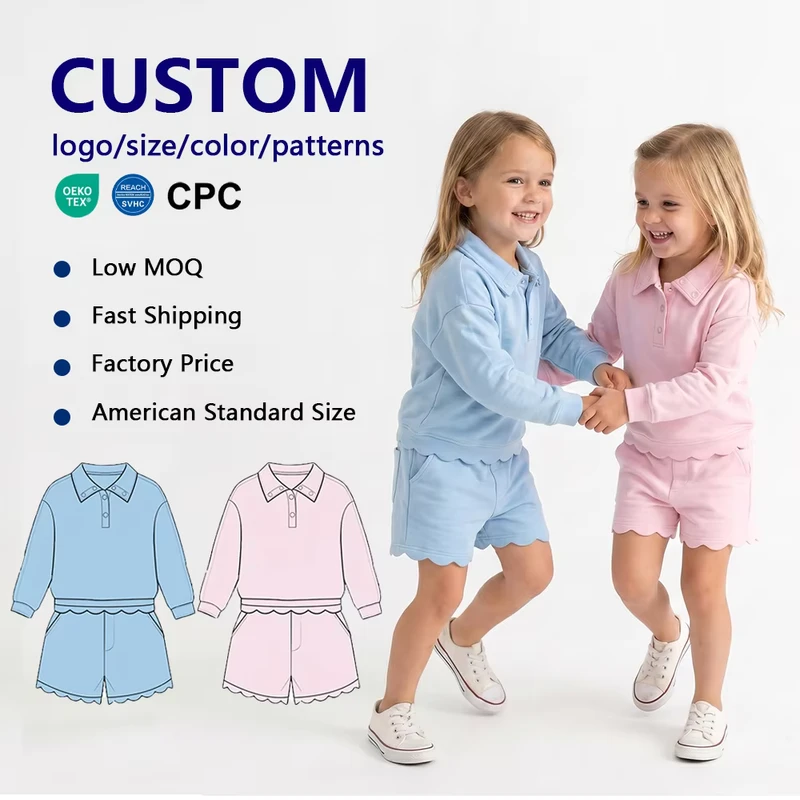 CHINEE-Girls-Yoga-Long-Sleeve-Polo-Set-Kids-Summer-Solid-Two-Piece-Shorts-Set-Breathable-Fabric-for-School-Tennis-Custom-Logo