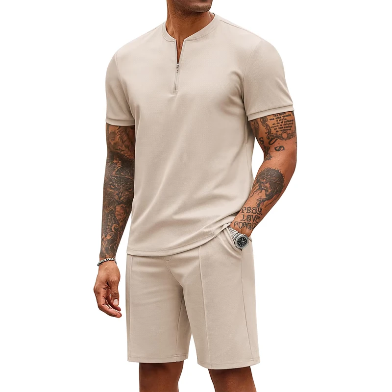 CHINEE-Half-Zipper-Sweat-Suit-Custom-Men-Two-Piece-Sport-Tracksuit-OEM-Summer-Zipper-Polo-Shorts-and-T-Shirt-Set-for-Men
