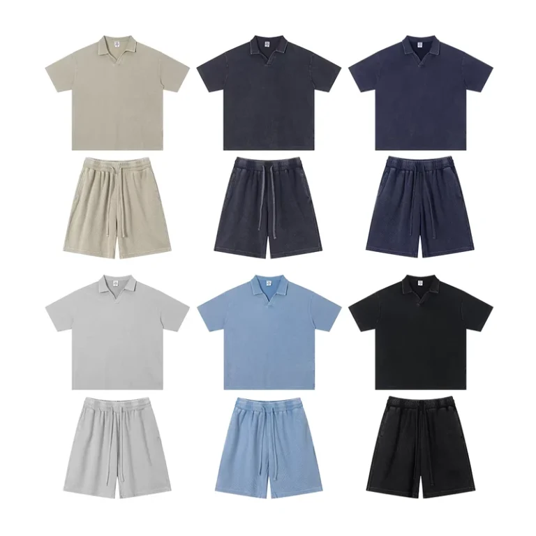 CHINEE-High-Quality-Custom-Designed-Summer-Retro-Set-Mens-Loose-Fit-Breathable-Waffle-Knit-Polo-Shirt-Shorts