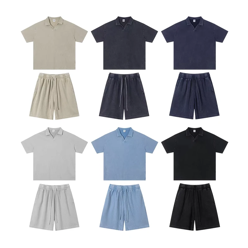 CHINEE-High-Quality-Custom-Designed-Summer-Retro-Set-Mens-Loose-Fit-Breathable-Waffle-Knit-Polo-Shirt-Shorts