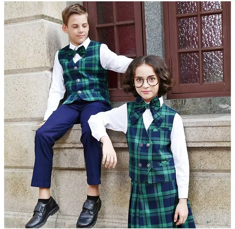CHINEE-High-Quality-Custom-International-School-Boys-Girls-Children-Green-Color-Clothing-Plaid-School-Uniform-Formal-Blazer-Suit