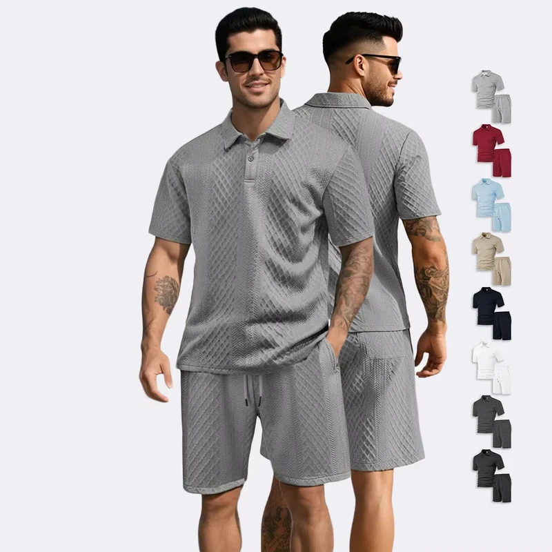 CHINEE-High-Quality-Europe-America-Custom-Summer-Casual-Comfortable-Jacquard-Solid-color-Comfortable-Breathable-Shorts-Polo-Shirt-Set