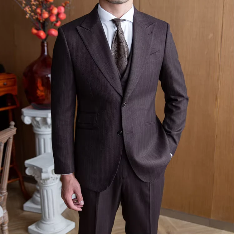 CHINEE-High-Quality-Mens-Slim-Three-Piece-Suit-Sets-Spring-Autumn-Herringbone-Single-Breasted-Double-Vents-Flat-Front-Customizable