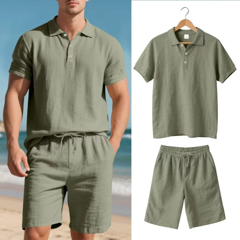 CHINEE-High-Quality-Summer-Breathable-Men-Clothing-Solid-Blank-Short-Sleeve-Linen-Polo-T-Shirt-and-Drawstring-Shorts-Set