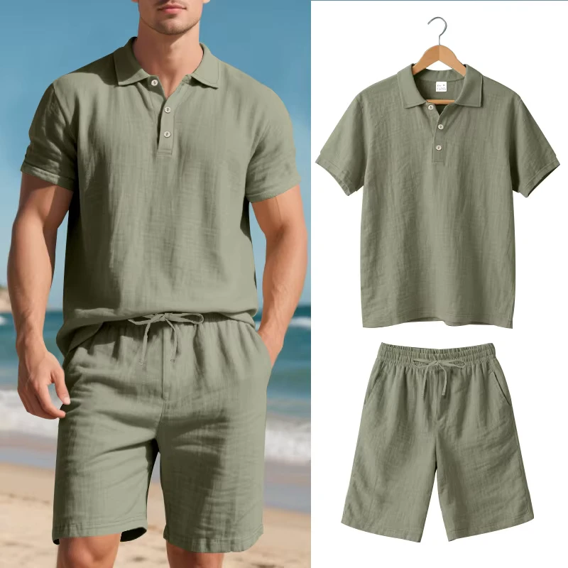 CHINEE-High-Quality-Summer-Breathable-Men-Clothing-Solid-Blank-Short-Sleeve-Linen-Polo-T-Shirt-and-Drawstring-Shorts-Set