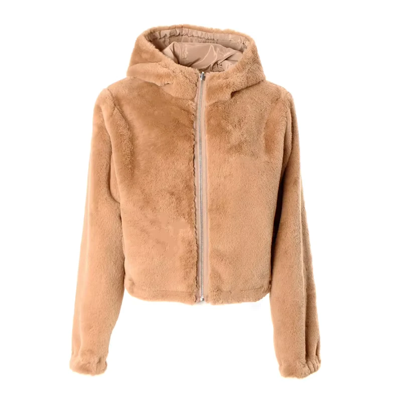 CHINEE-Hooded-Slim-Fit-Anti-Wrinkle-Woven-Faux-Fur-Reversible-Short-Coat-Cardigan-Jacket-for-Women-Zipper-Closure-1pc