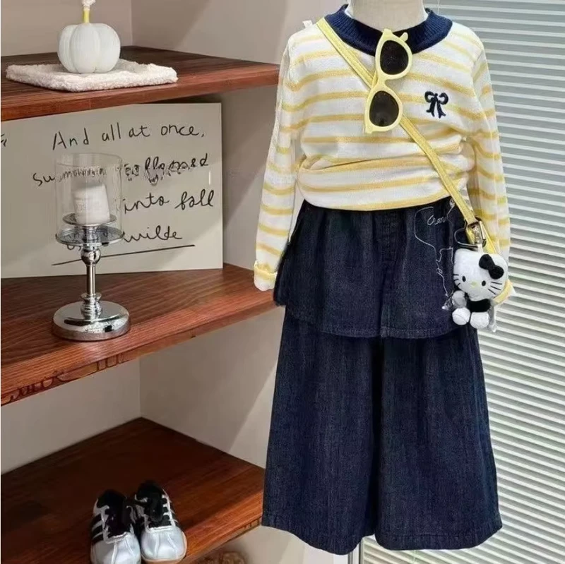 CHINEE-Kids-Girl-Yellow-Striped-Knit-Top-Denim-Skirt-Pants-Two-Piece-Casual-Clothes-Set