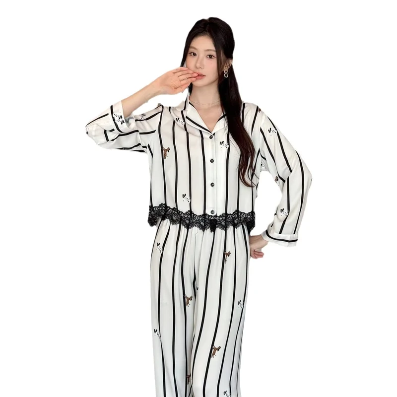 CHINEE-Ladies-Cartoon-Print-Pajamas-Fashion-Striped-Lace-Short-Long-Sleeve-Sleepwear-Set-Ice-Silk-Lapel-Fall-Night-Suit-1