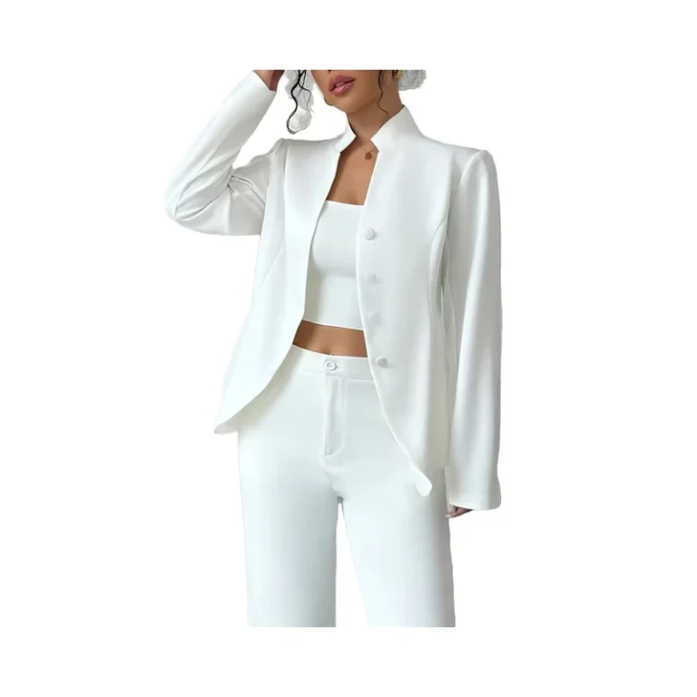 CHINEE-Ladies-Spring-Autumn-2-Piece-Set-Casual-Single-Button-Coat-in-Solid-Color-with-Slim-Comfortable-Pants-100-Polyester-Breathable