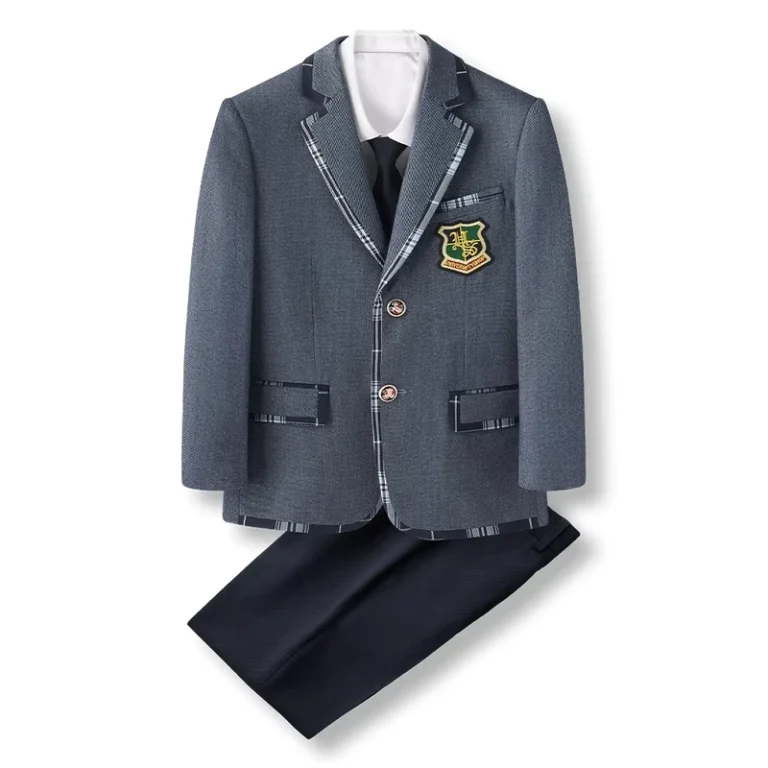 CHINEE-Latest-Fashion-Childrens-School-Uniform-Sets-with-Piping-at-Collar-Blazer-Skirt-Pants-Suits-in-Grey-Navy-Polyester-Rayon