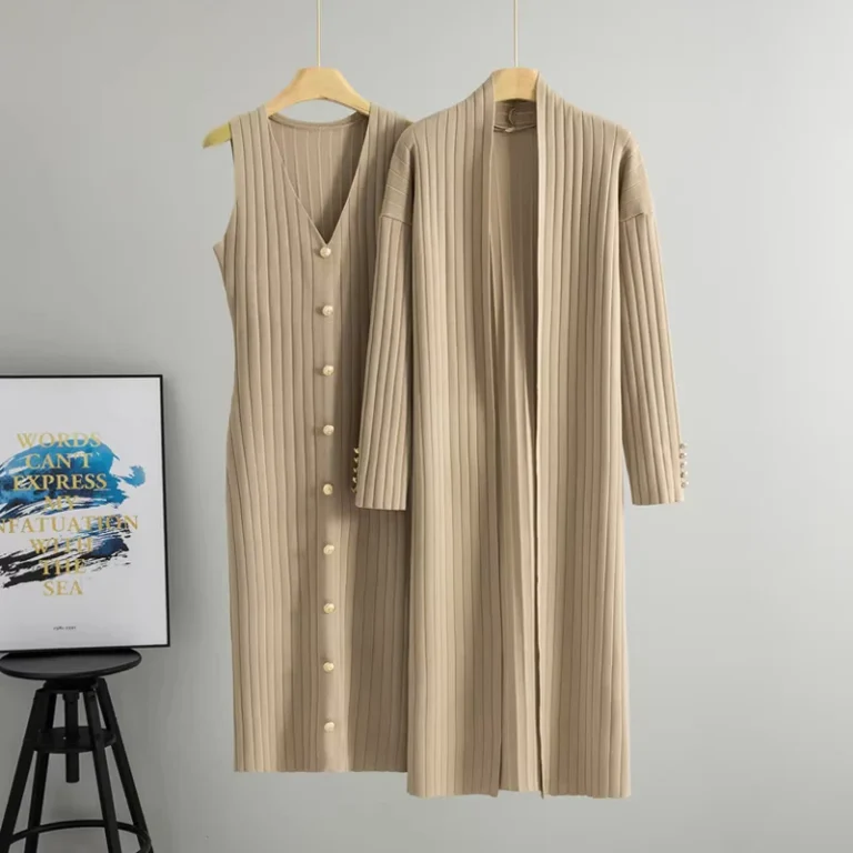 CHINEE-Lazy-Style-Long-Knitted-Striped-Anti-Wrinkle-Cardigan-Sweater-Suit-Womens-Spring-Autumn-New-Elegant-Knee-Length-Patchwork