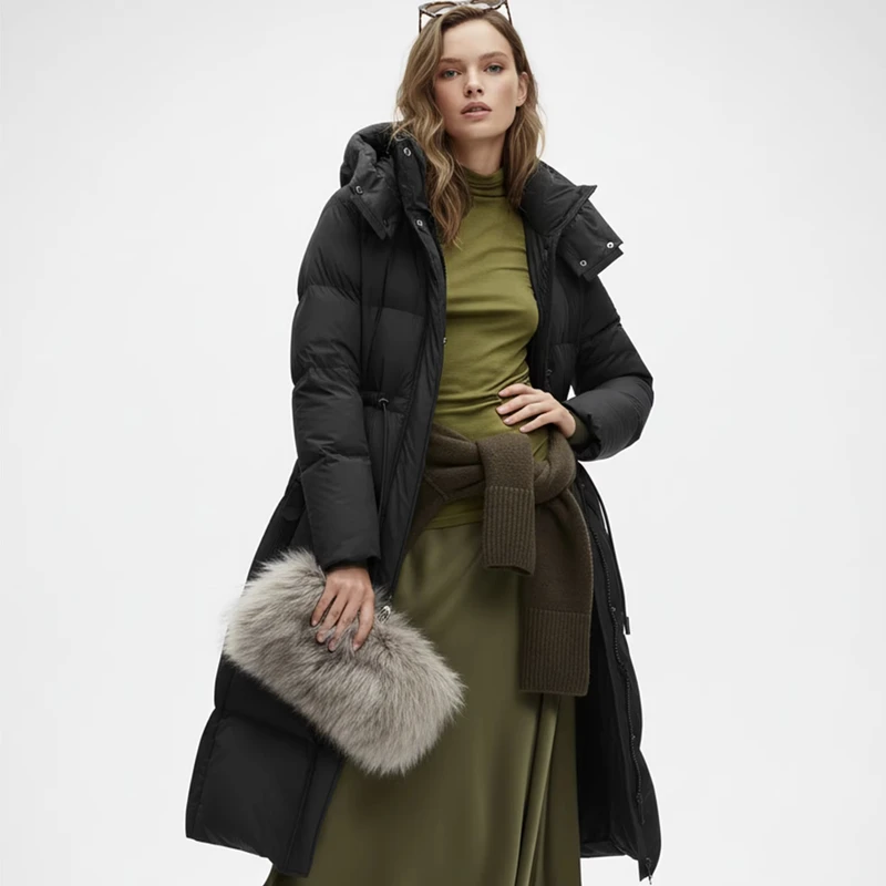 CHINEE-Long-Down-Jacket-Zipper-Design-Waist-Cinching-With-Hood-Stand-Collar-Style