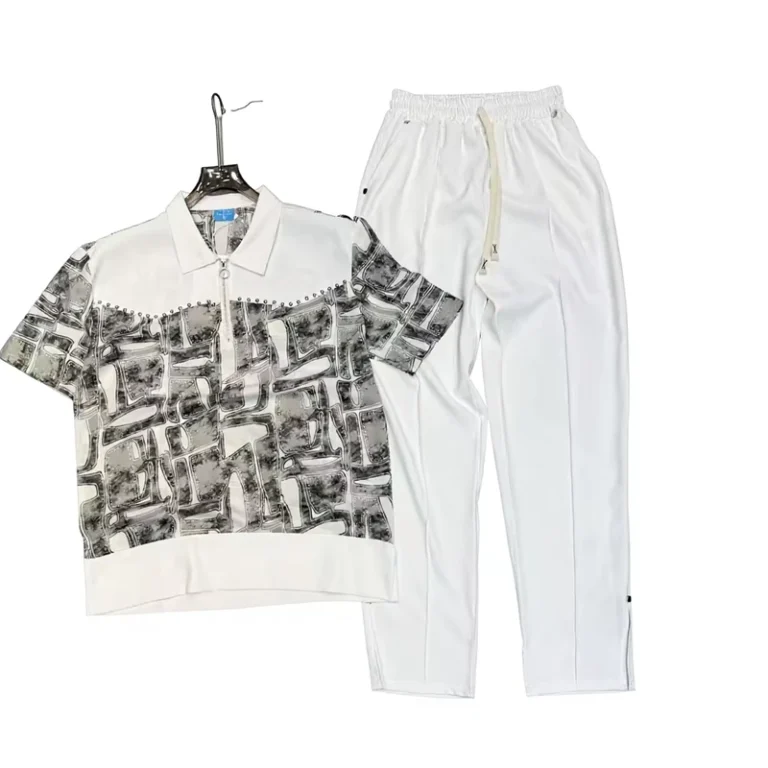 CHINEE-Mens-Abstract-Geometric-Print-Studded-Half-zip-Polo-Shirt-Drawstring-Pants-2-Piece-Set-Breathable-Eco-Friendly-Casual-Summer