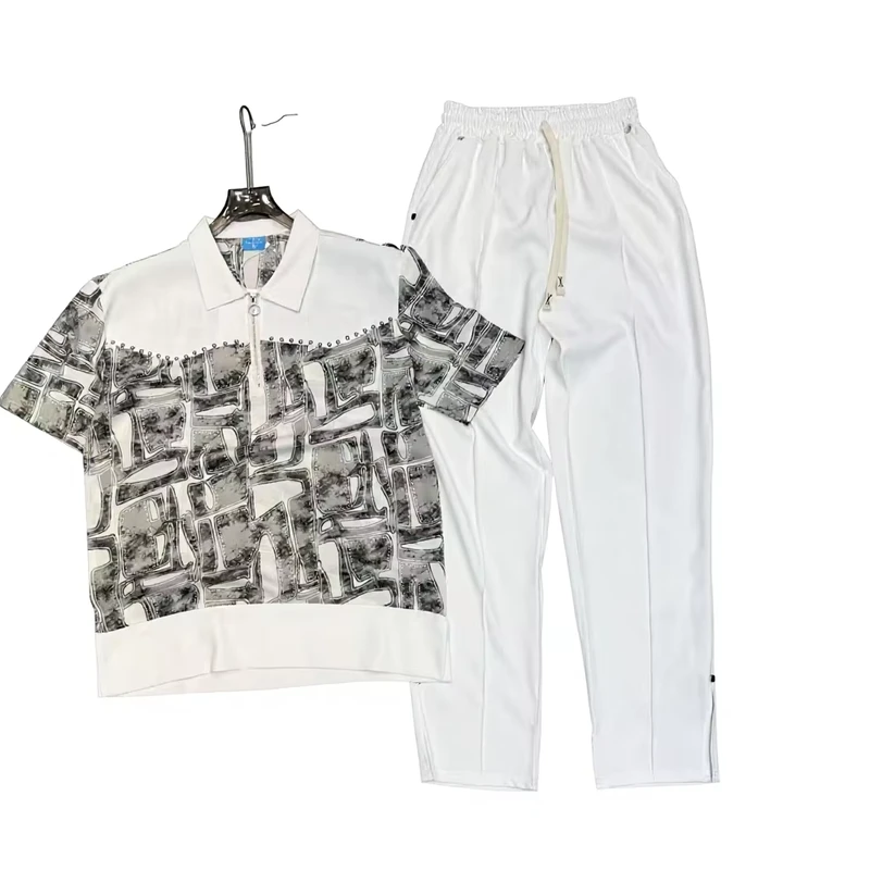 CHINEE-Mens-Abstract-Geometric-Print-Studded-Half-zip-Polo-Shirt-Drawstring-Pants-2-Piece-Set-Breathable-Eco-Friendly-Casual-Summer