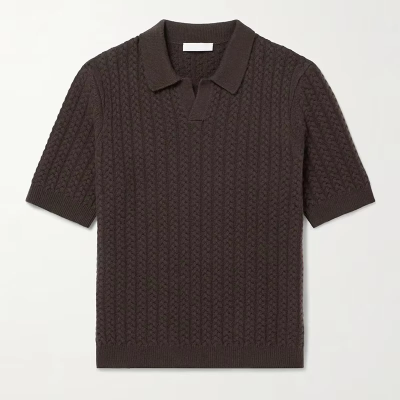 CHINEE-Mens-Business-Casual-Brown-Cable-Knit-Wool-Solid-Pattern-Short-Sleeve-for-Polo-Shirt-Breathable-Anti-Wrinkle-Top-for-Summer