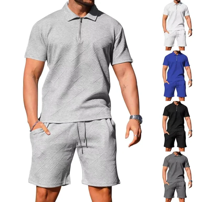 CHINEE-Mens-Casual-Short-Sleeved-Lapel-T-shirt-Textured-Shorts-Polo-Shirt-Two-piece-Set