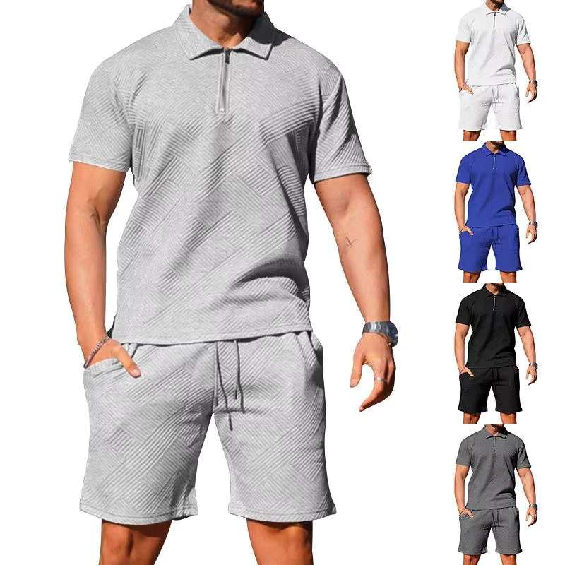 CHINEE-Mens-Casual-Short-Sleeved-Lapel-T-shirt-Textured-Shorts-Polo-Shirt-Two-piece-Set