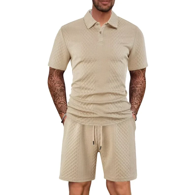 CHINEE-Mens-Casual-Suit-Featuring-a-Lapel-Patterned-Texture-Short-Sleeved-Polo-Shirt-With-Drawstring-Pants-Set