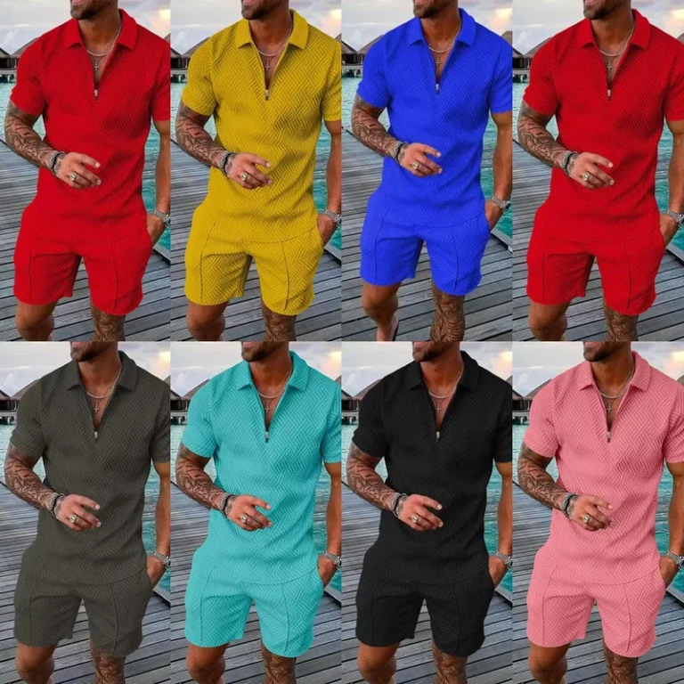 CHINEE-Mens-Custom-Casual-Polo-Shirts-Sets-with-Zipper-Breathable-Track-Suit-Including-T-Shirt-and-Shorts-for-Summer