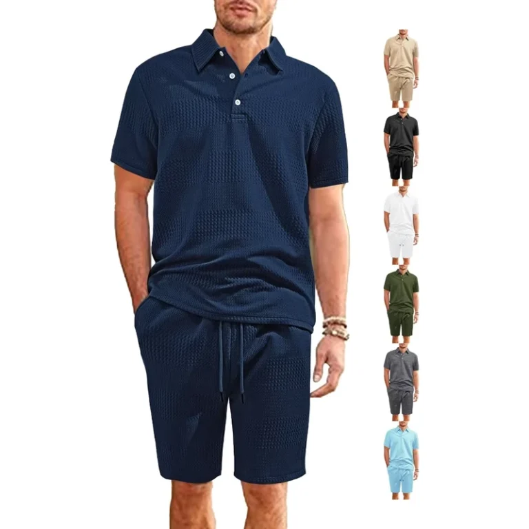CHINEE-Mens-Jacquard-Fabric-Solid-Color-Loose-POLO-Shirt-Shorts-Sports-2-Piece-Set-Fashion