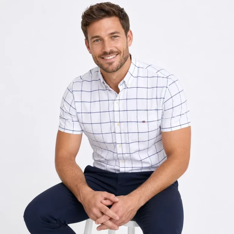 CHINEE-Mens-Office-Casual-Shirts-Plaid-Check-Design-Cotton-Fabric-Short-Sleeve-Casual-Polo-Shirts-for-Summer