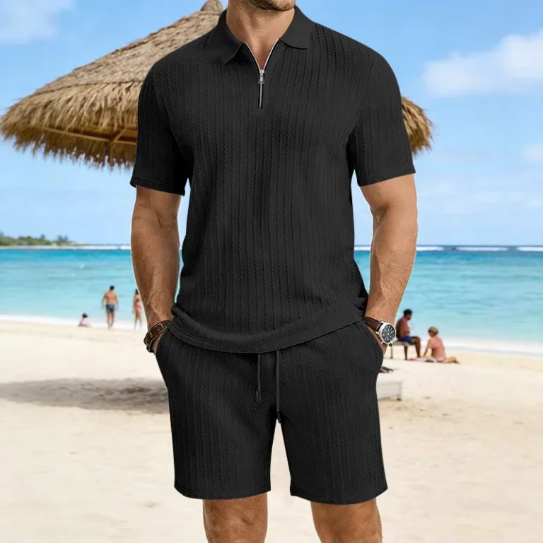 CHINEE-Mens-Polo-Shirt-Sets-Vertical-Cable-Textured-Knit-Half-Zip-Short-Sleeve-Polo-and-Drawstring-Shorts-Summer-Sporty-Casual-Outfits