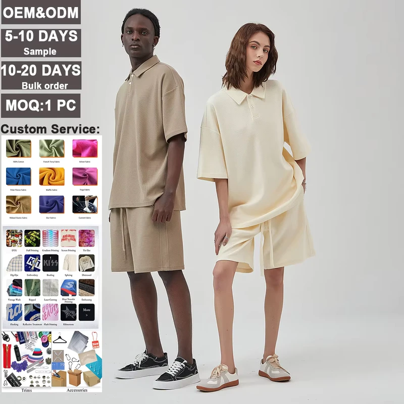 CHINEE-Mens-Premium-Breathable-Waffle-Polo-Shirt-Shorts-Set-Loose-Fit-Casual-Short-Sleeve-Top-Wide-Leg-Drawstring-Shorts-Streetwear