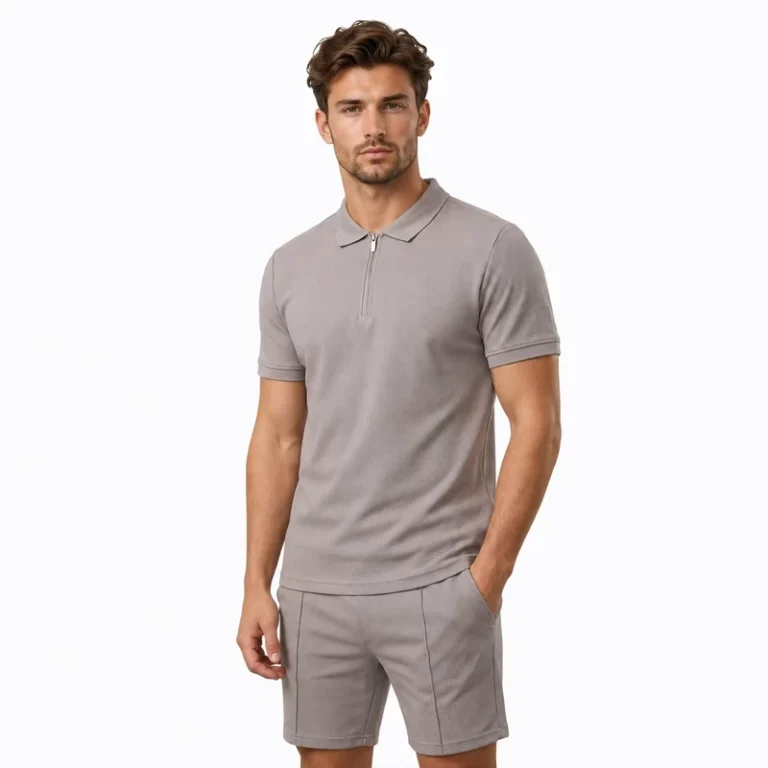 CHINEE-Mens-Quarter-Zip-Polo-T-Shirt-Shorts-Set-Cotton-Spandex-Slim-Fit-2-Piece-Matching-Co-ord-Lightweight-Summer-Casual-Gym-Outfit