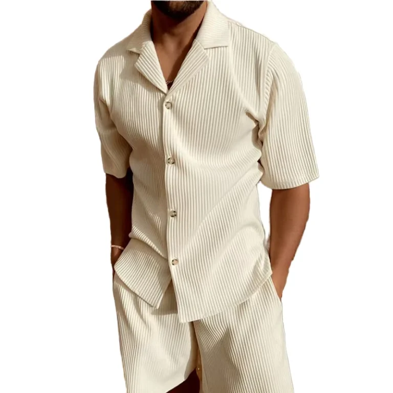CHINEE-Mens-Short-Sleeved-Button-up-Ribbed-Shirt-and-Shorts-Set-Casual-Daily-Wear-with-Relaxed-Style-and-Comfortable-Design-1