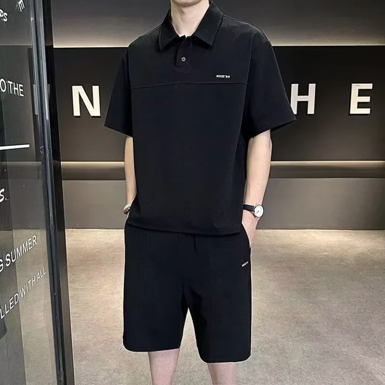 CHINEE-Mens-Solid-color-Casual-Sports-Two-piece-Set-Summer-Loose-Short-sleeved-Polo-Collar-Printed-Breathable-T-shirt-and-Shorts-Set