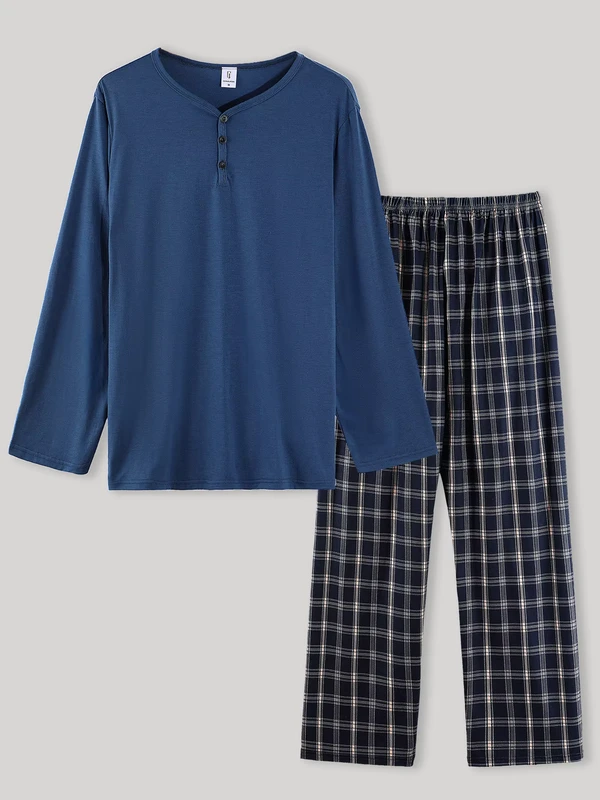 CHINEE-Mens-Spring-and-Autumn-Casual-Suit-V-Collared-button-up-long-sleeve-solid-color-top-and-plaid-long-pants-two-piece-set