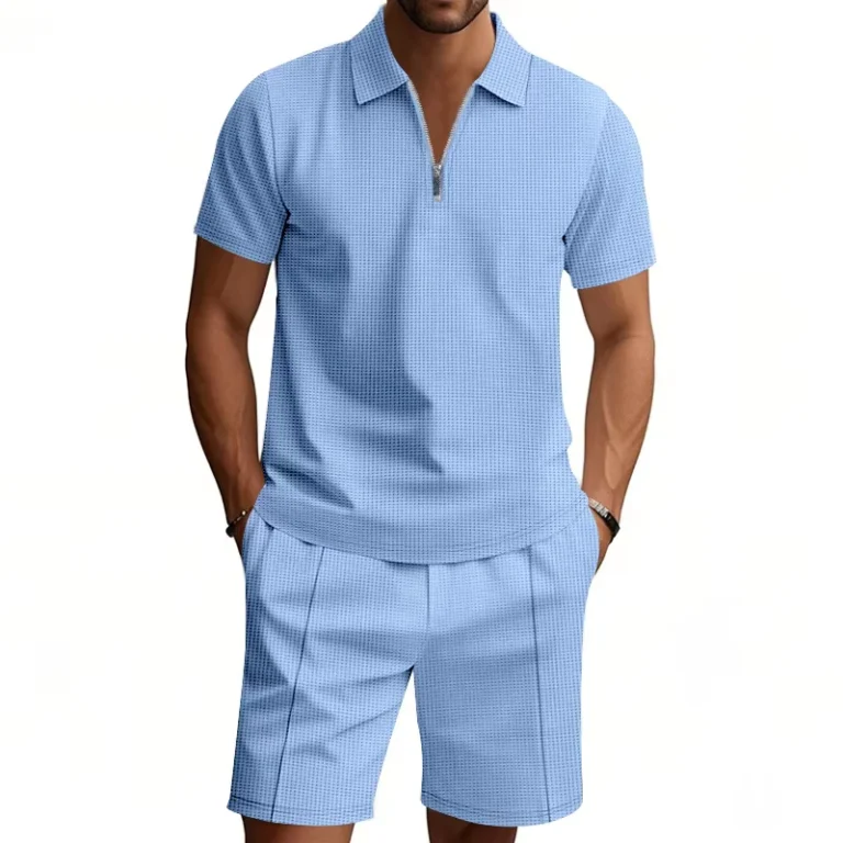 CHINEE-Mens-Summer-2-Piece-Outfit-Waffle-Knit-Solid-Color-Casual-Loose-Lapel-T-Shirt-Shorts-Set