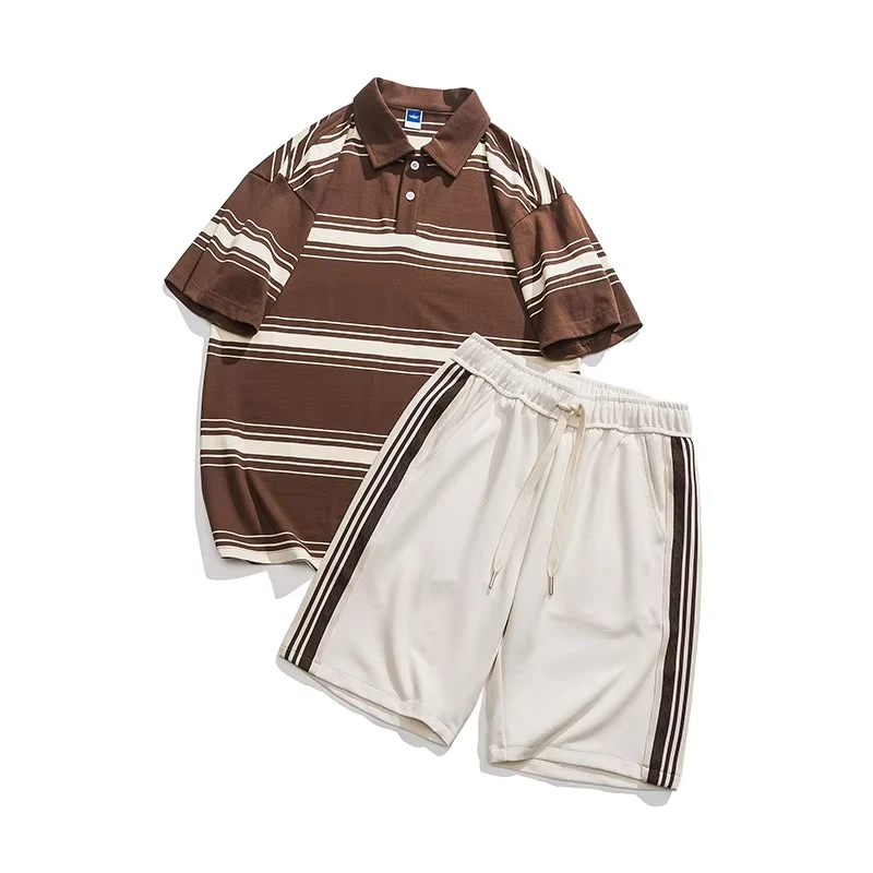 CHINEE-Mens-Summer-2-Piece-Set-Breathable-Solid-Polo-Shirt-Shorts-Short-Sleeve-Striped-Lapel-Casual-Retro-Loose-Knitted-T-Shirt