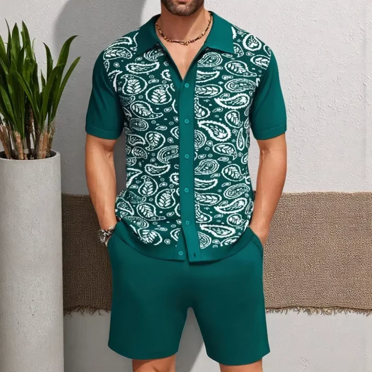 CHINEE-Mens-Summer-Breathable-Jacquard-Knitted-Polo-Shirt-Set-Cross-Border-Casual-Two-Piece-Design-1